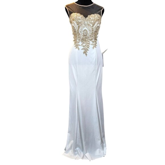 Elegant White Mermaid Gown/Dress Gold Lace Appliqué & Sheer Neckline Size M - Picture 3 of 13